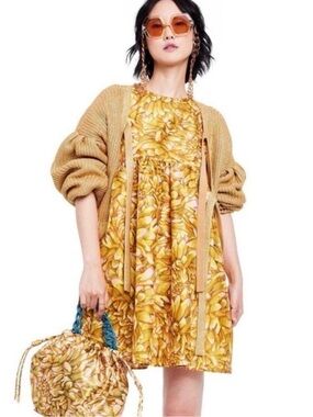 Kika Vargas Yellow Pink Gold Floral Puff Sleeve Short Dress Ruffle Button
